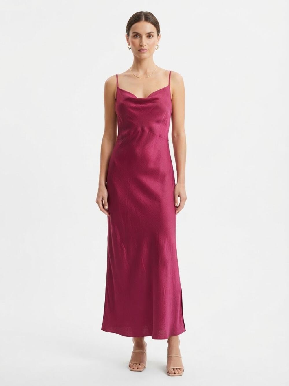 Anthropologie Slip Dress Magenta Satin Cowl Neck Midi Size L Date Wedding Chic